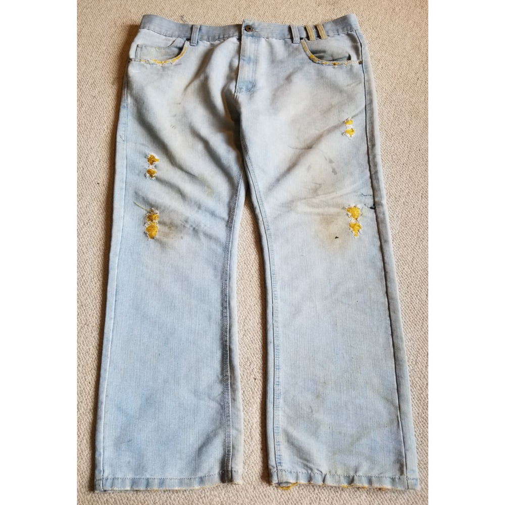 VINTAGE Y2K Mens Jeans-DODECA-lt blue w/ yellow detail stained distressed-42x30
